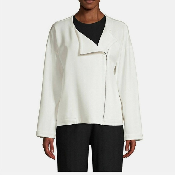 Eileen Fisher Flex Tencel Ponte Round Neck Angled Zip Ivory Jack M - Picture 1 of 6